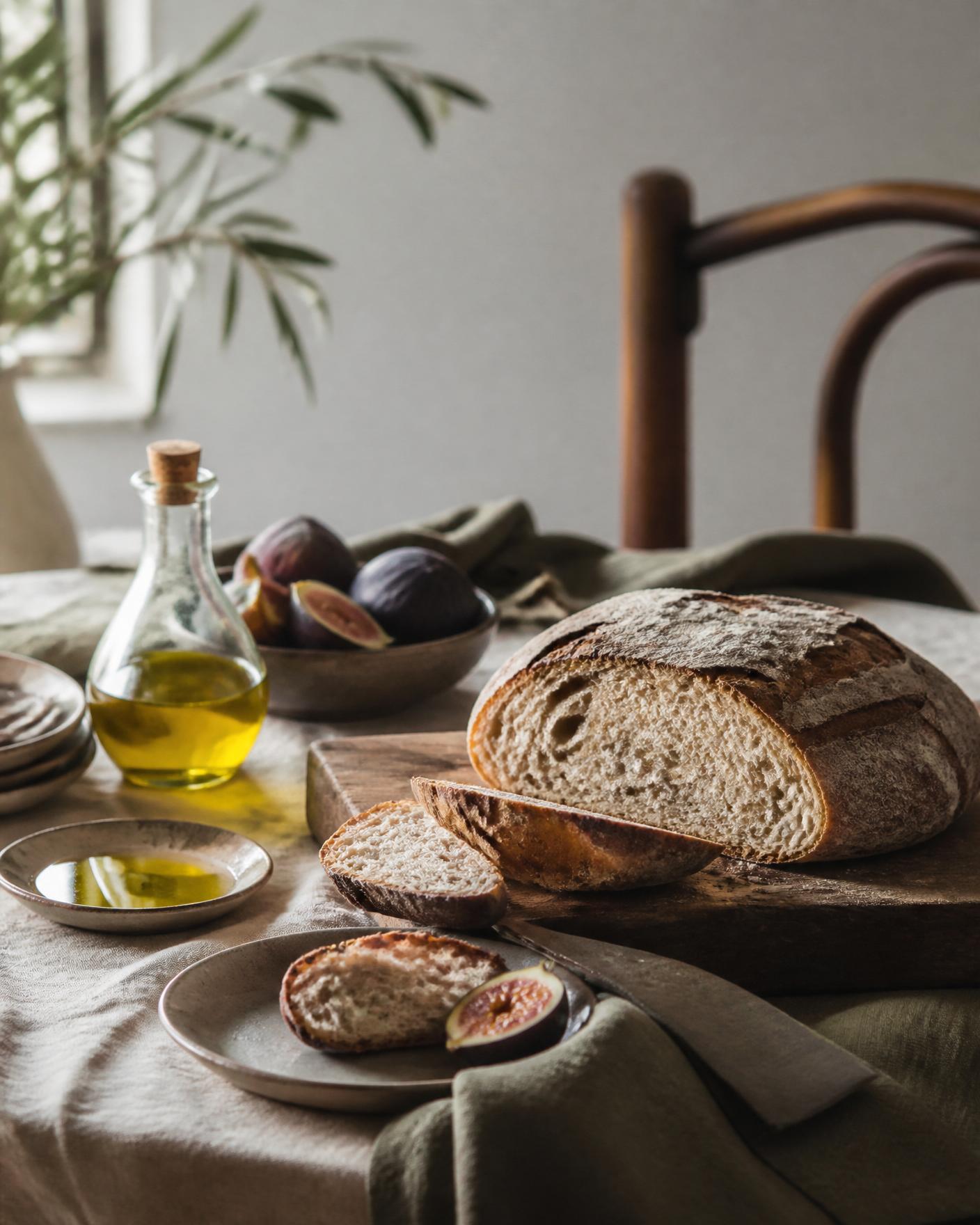 Rustic styled table with bread, figs and olive oil in soft window light