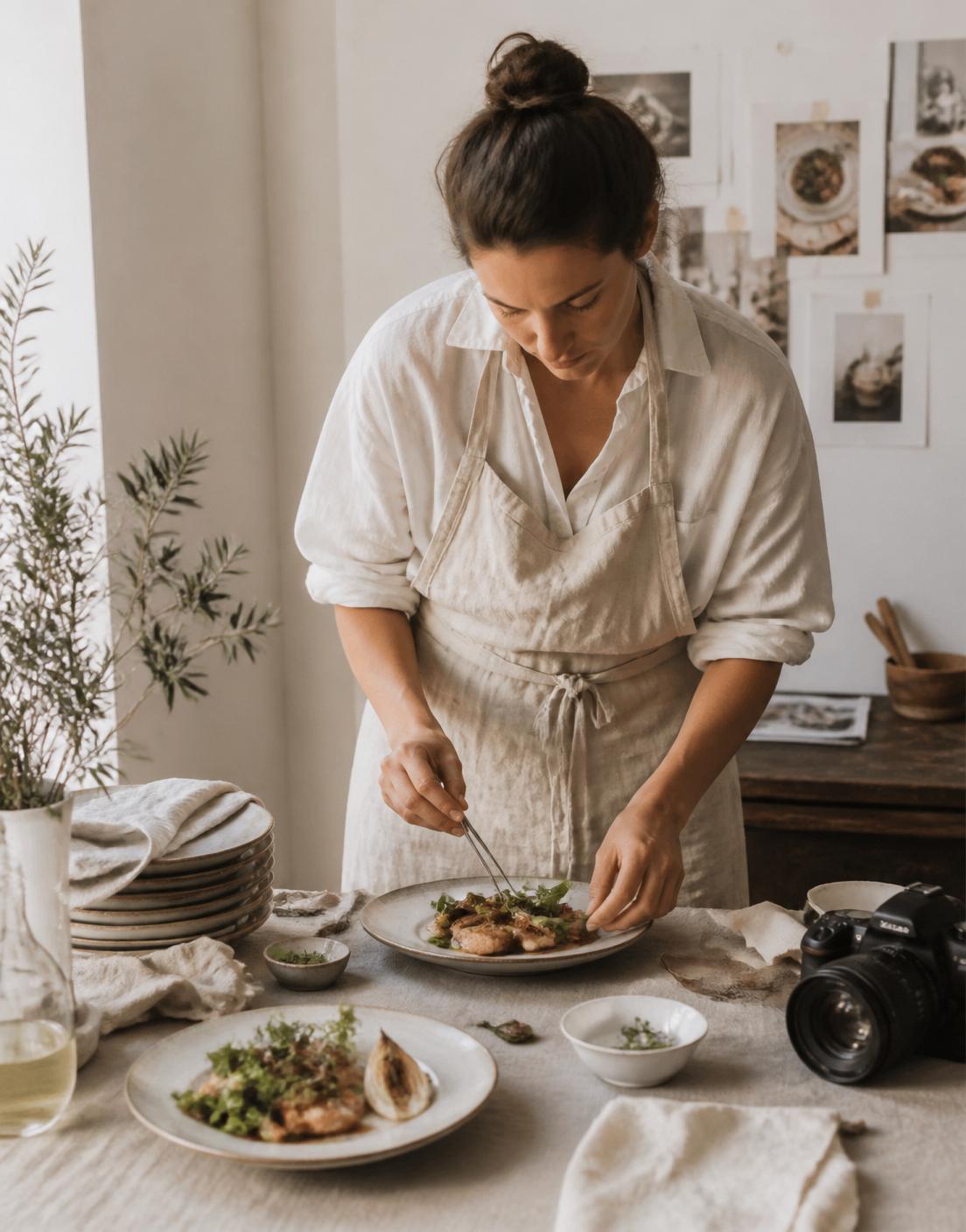 Lusya Galkina plating a dish on set with tweezers